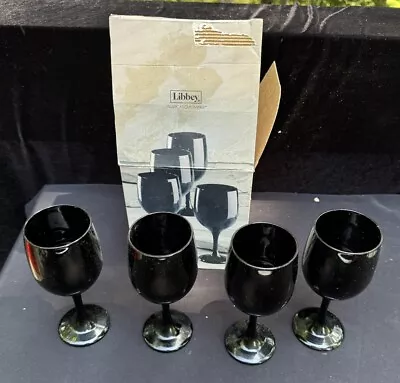 Buy Set Of 4 Vintage Libbey Glasses Black Amethyst Water Wine Goblets In Box! Rare! • 45.66£