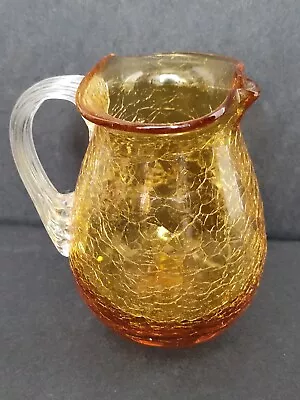 Buy Vintage Amber Crackle Glass Vase With Handle And Ruffle Edge 4.25 In Hand Blown~ • 6.99£