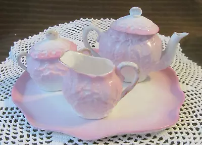 Buy Antique Pink White Embossed Sea Shells Childs Doll Porcelain Tea Set~Teapot Tray • 46.67£