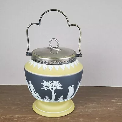 Buy Wedgwood Tri-color Black Yellow Jasperware Barrel Brisket Jar Silver Handle • 270.26£
