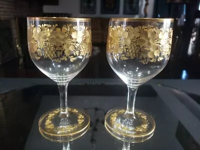 Buy (2) Water Goblets Wine Glass Antique Bohemian Moser Cut Engraved Grape Gold Gilt • 177.02£