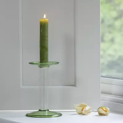 Buy Coloured Glass Candlestick Green & Clear Glass 2 Tone Pillar Candle Holder Fern • 20£