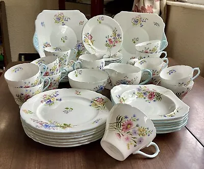 Buy Shelley Wild Flowers 13668 Blue Trim.  Large Collection Of Teaware - 54 Pieces • 95£