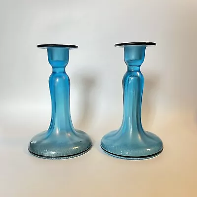 Buy US Glass 151 Stretch 7.75  Pushed Trumpet BLUE Candle Holders ONE HAS CRACK Read • 37.34£
