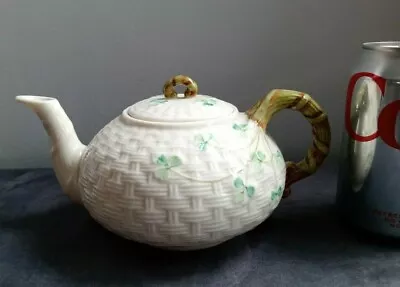 Buy Vintage BELLEEK - Basket Weave Shamrock Teapot With Green 6th Mark 1965 - 1980 • 79£