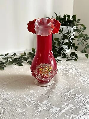 Buy Vintage Art Glass Vase ~ Red Glass ~ Cased ~ Applied Flower Decoration  • 12£