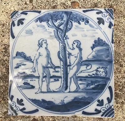 Buy Rare Antique Blue And White Delft Tile Biblical Scene  Adam & Eve” Circa 18th C • 225£