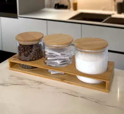 Buy Set Of 3 Glass Tea Coffee Sugar Jars Canisters With Bamboo Stand Kitchen Storage • 18.99£