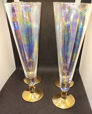 Buy 4 X Vintage Harlequin Iridescent Champagne Pilsener Glasses With Gold Base 200ml • 24.47£