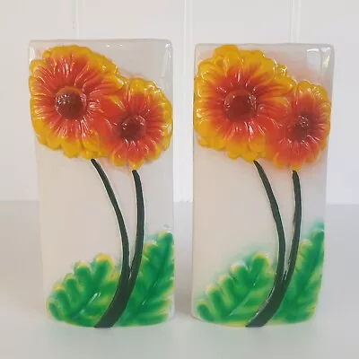Buy Pair / 2x Vintage Retro White Orange Green 3D Floral Ceramic Wall Pocket Vase  • 14£