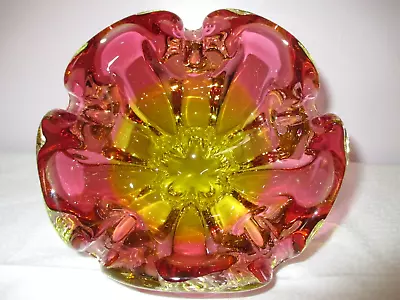 Buy Bohemian Chunky Art Glass Dish Pink/Yellow Czech Hand Blown Bowl Josef Hospodka • 20£