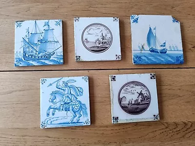 Buy 5x Antique Delft Blue & Manganese Decorative Tiles Ships Pastoral Scenes • 15£