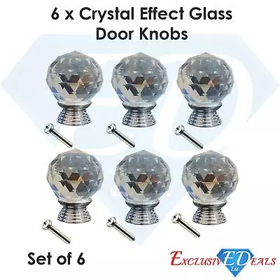 Buy 6 X Crystal Effect Facetted Glass Ball Door Cabinet Knob Chrome Base Pull Handle • 5.95£