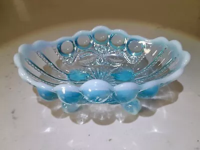 Buy Rare Vintage Mosser Blue Opalescent Vaseline Glass Eye Winker 4 Footed Bowl • 36.35£