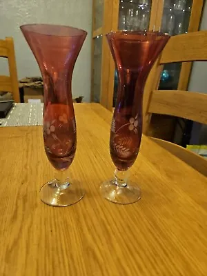 Buy Pair Vintage Cranberry Glass Bud Stem Vases Height 18 Cm Etched Flower Pattern • 12£