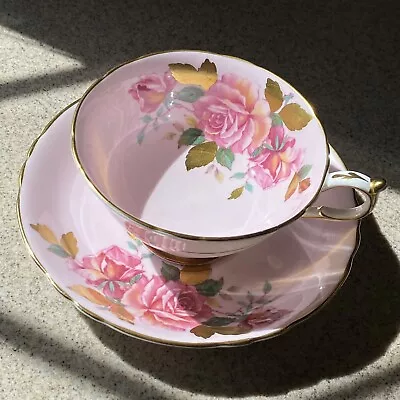 Buy Paragon Fine Bone China Teacup & Saucer Double Warrant Pink Roses Gold Leaves • 209.68£