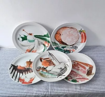 Buy 5 Hand Painted Plates Villani 1970s Retro Food Related Designs Unique Tableware • 59.99£