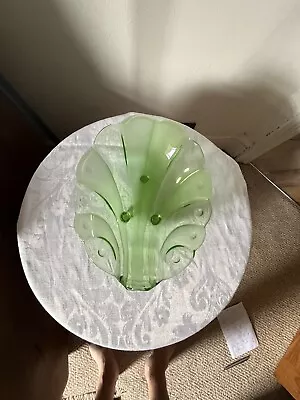 Buy Art Deco Beautiful Green Glass Leaf Footed Dish - Clear & Opaque • 15.95£