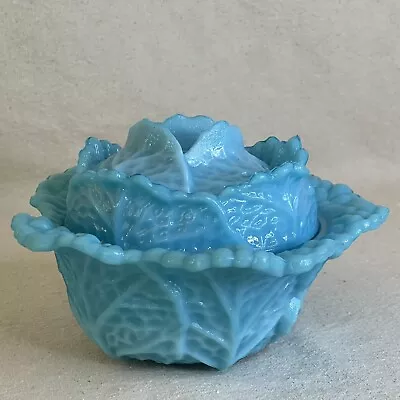 Buy Antique Porteiux France Blue Opaline Glass Covered Cabbage Leaf Dish 115 Y/o EUC • 62.91£