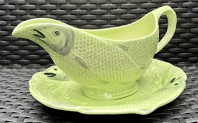 Buy Antique Art Deco Green MELBA WARE Majolica Fish Salmon Sauce Boat & Plate Stand • 69£