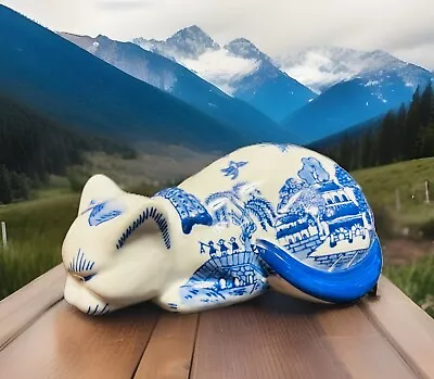 Buy RARE Porcelain Blue Willow Pattern Sleeping Cat 8 ½” • 74.55£