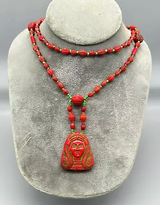 Buy Art Deco Max Neiger Egyptian Revival Red Green Czech Glass Pendant Necklace • 38.82£
