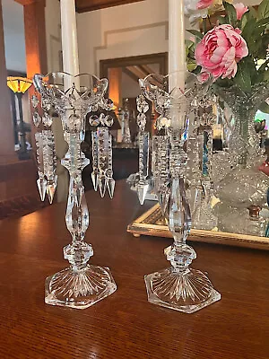 Buy Antique Crystal Mantle Lusters Pair Candle Holders W/ Prisms-VTG Crystal Candle • 198.04£
