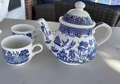Buy Vintage Churchill Blue Willow Teapot & 2 Teacups England Staffordshire White • 37.28£