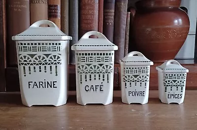 Buy Set Of Four Vintage Rustic French Ceramic Storage Canister Jars X 4 Art Deco • 12.99£