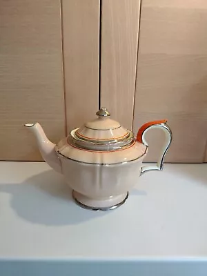 Buy Crown Staffordshire Bone China Art Deco Peach, Orange And Silver Stripes Teapot • 12£