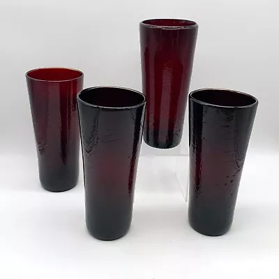 Buy SET OF 4 • Hand Blown Art Glass 6-7/8  DARK Red Crackle Glass TUMBLERS - 16 Oz. • 33.56£