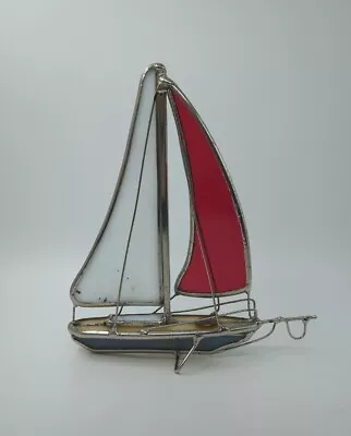 Buy Stained Glass Sailboat Figurine Ornament Red/Blue/White With Metal Frame • 14.25£