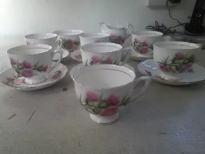 Buy Colclough Tea Set Pink Thistle Pattern 7 Cups 6 Saucers Cream & Sugar • 40£
