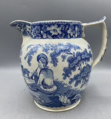 Buy Large Antique Staffordshire Blue  Transfer Printed Pearlware Jug.c1830 • 50£