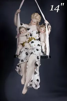 Buy Dresden Heubach Style Bisque Porcelain Lady Cupid Cherubs Doll Figurine On Swing • 2,325.94£