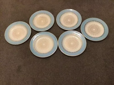 Buy 6 Washington Pottery Ironstone Hanley Dinner Plates, Turquoise Blue/Gold. New. • 25£