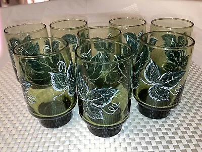 Buy Short Green VTG Beautiful Libby Glasses With A Raised Leaf Painting On Them. • 55.91£