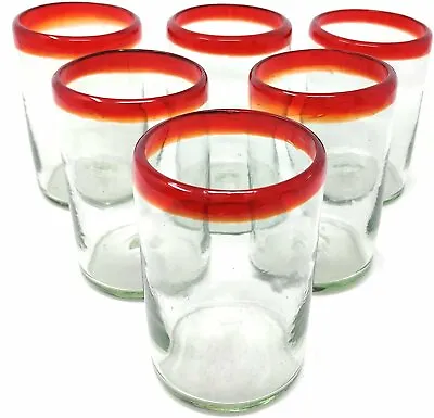 Buy Hand Blown Mexican Drinking Glasses - Six Glasses With Red Rims (14 Oz) • 46.59£