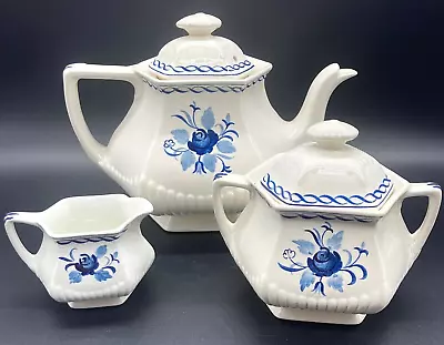 Buy Adams Baltic English Ironstone Tea Pot Ceamer & Sugar Bowl Set Delft Blue White • 23.25£
