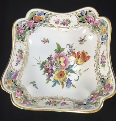 Buy Vintage Dresden Porcelain Hand Painted Baroque Reticulated Square Floral Bowl • 42.87£