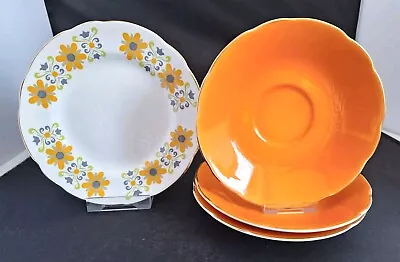 Buy Vintage Royal Sutherland Saucers And Cake Plate Orange Flowers Gold Rims  • 7.99£