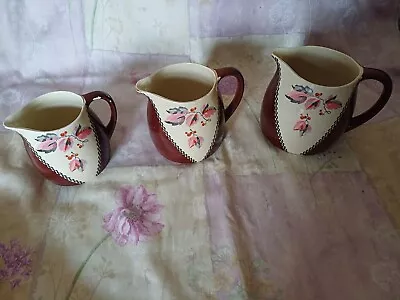 Buy Graduated Jugs 3 Red & Cream Glaze 12 Cm , 11 Cm , 10 Cm Tall Leaf Design • 4.50£