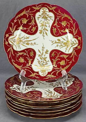 Buy Set Of 8 Boseck Raised Gold Floral Scrollwork & Crimson Red 8 3/4 Inch Plates • 306.76£