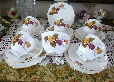 Buy 5x DUCHESS BONE CHINA ENGLAND TRIO BURGUNDY RED YELLOW PINK ROSES TEA SET • 35£