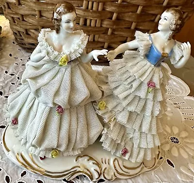 Buy Antique Large 7” Dresden Porcelain Figurine Couple Fine Lace Marked • 136.29£