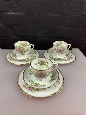 Buy 3 X Roslyn China Moss Rose Tea Trios Cups Saucers And Bigger Side Plates 18 Cm • 29.99£