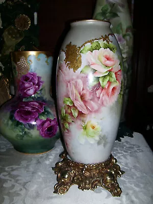 Buy Antique Belleek Vase; Pastel & White Roses; Elegant Gold Work • 554.50£