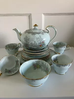 Buy 16 Piece Aynsley Queen's Garden Teaset Inclu Teapot Sugar Bowl 2 Cake Plate Blue • 70£