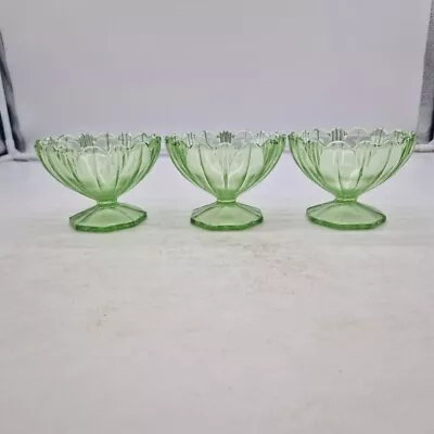 Buy 3 Beautiful Vintage Czech Green Uranium Oxide Pressed Glass Footed Dessert Bowls • 19.99£