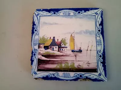 Buy Antique Delft Polychrome Tile Depicting Sailing Boats And Buildings • 19.99£